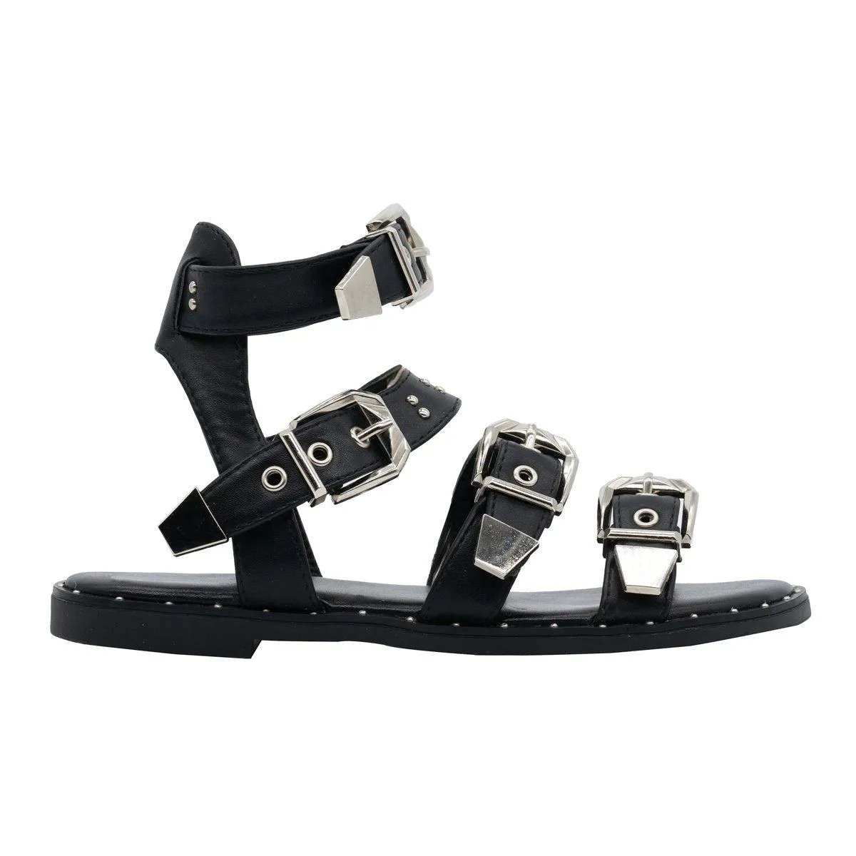 C' M Strap Flat Sandals Leather Black Colour For Women