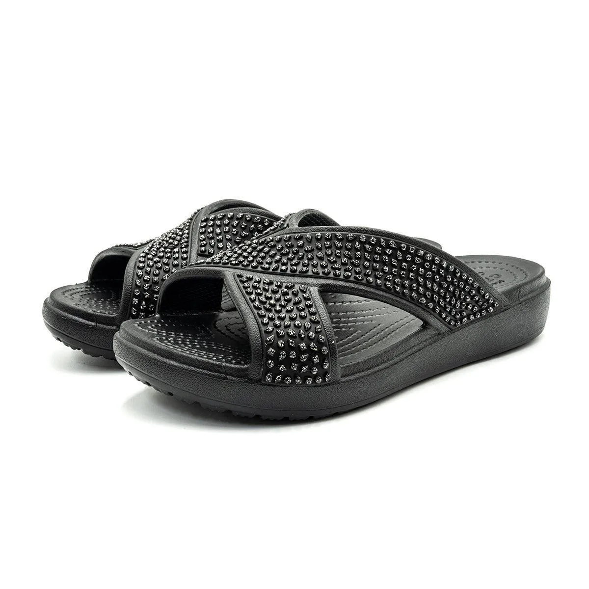 Crocs Sloane Glitzy Beaded Slide Sandals Sliders Rubber Black Colour For Women