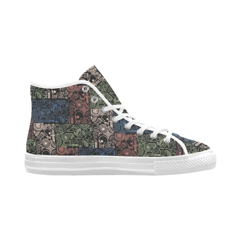 Women's Grey Skull Doodle Print Canvas High Top Shoes