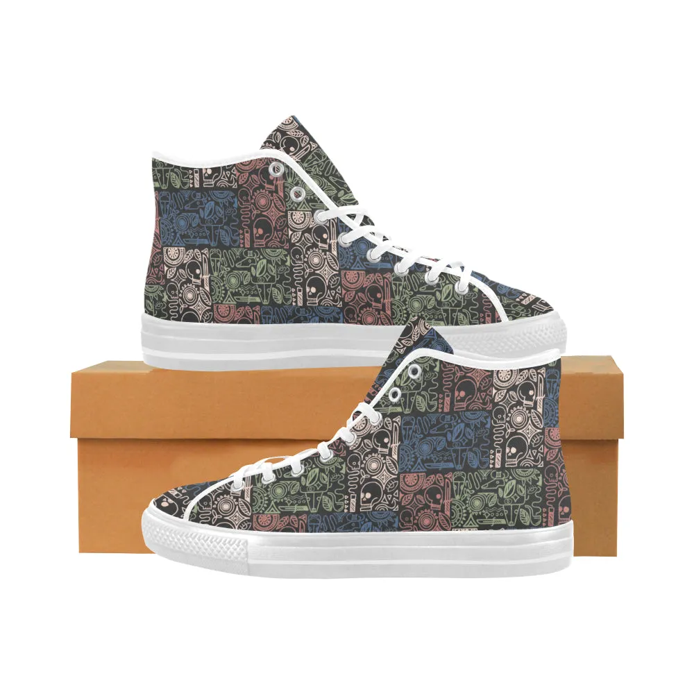 Women's Grey Skull Doodle Print Canvas High Top Shoes